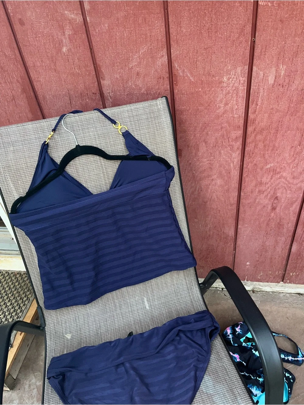 La Blanca Navy Blue Tankini Set with Gold Ring Accents. Added tummy control